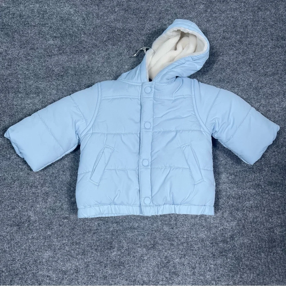 Janie & Jack Layette Baby 0-6mos Baby Blue Fleece Hooded Button Down Puffer Coat